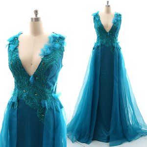 Straps V Neck Satin Organza Teal Prom Dress Formal Evening Gown